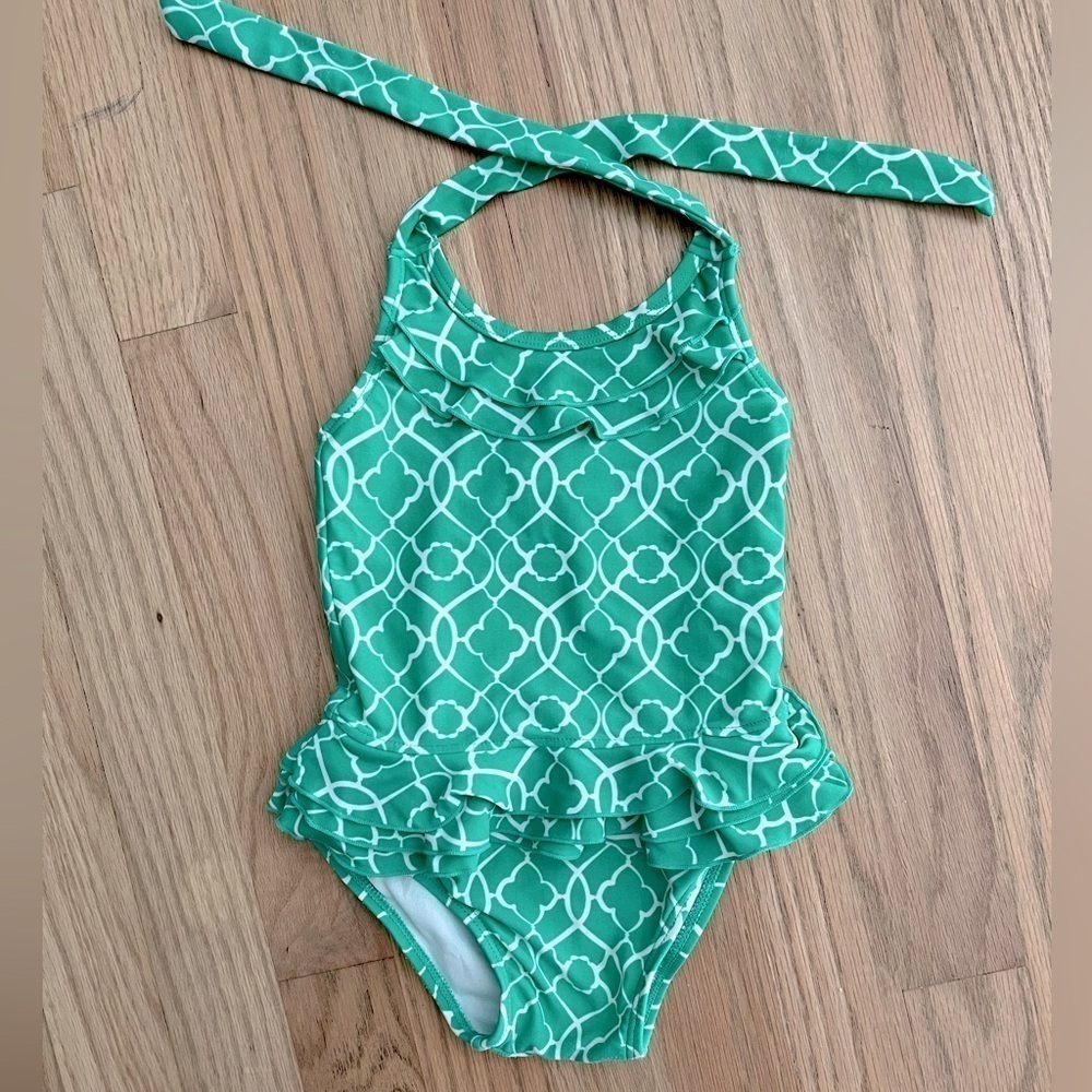 Janie & Jack Halter Top Green white Swim One Piece Swim Suit Size 12-18 months